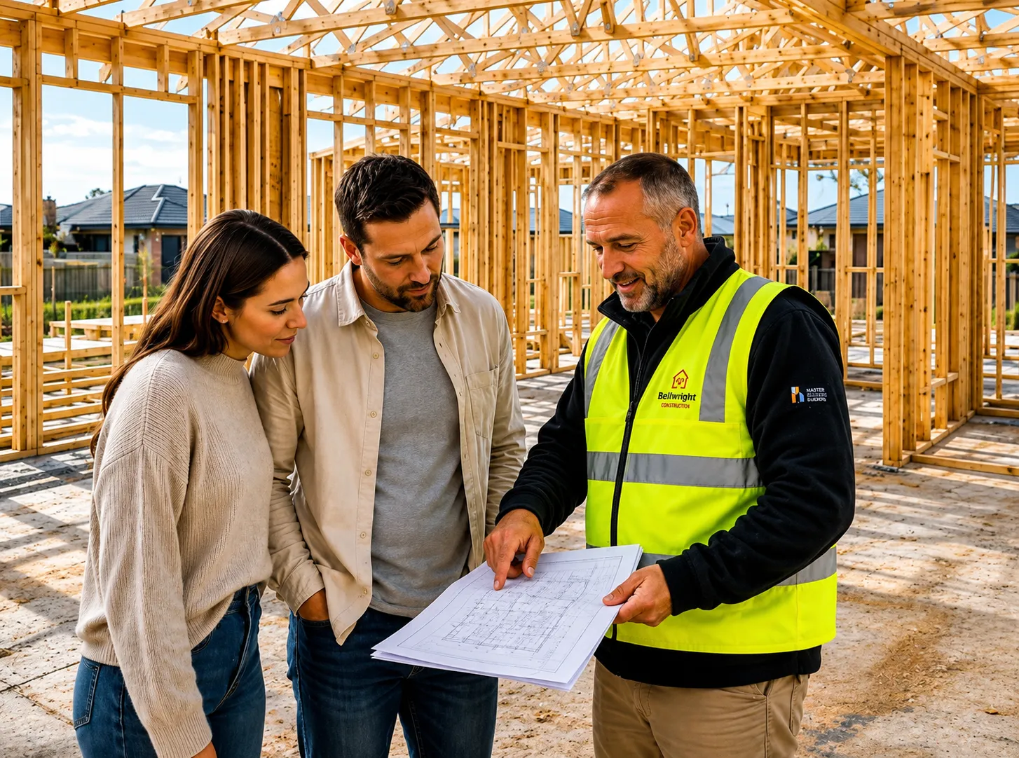 Inspector going through plans with a couple at a new home frame stage