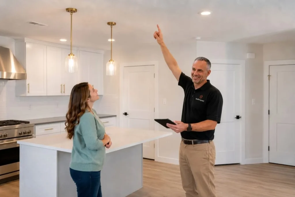 Inspector pointing out a ceiling defect to a homeowner at handover