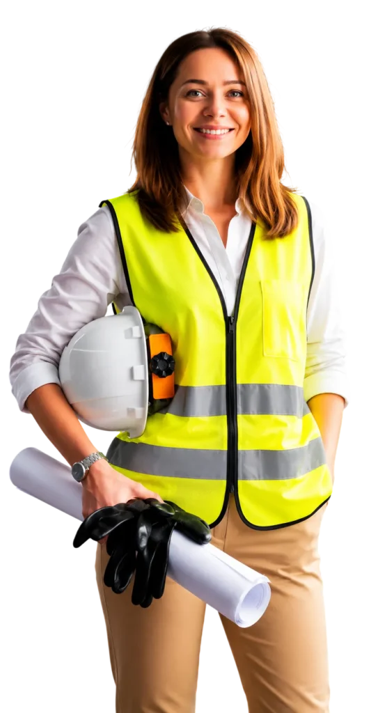 Building inspector in a hi-vis vest holding plans and a hard hat